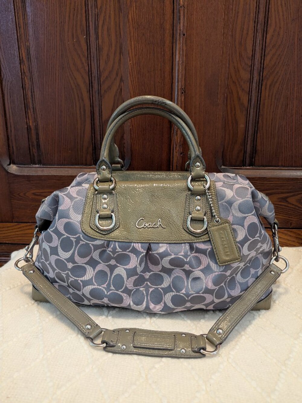 Coach Ashley Gray Pink Signature Jacquard Satchel Crossbody